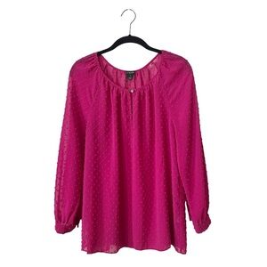 J. Crew Fuchsia Swiss Dot Top Women's Size M Long Sleeve Round Neck Semi Sheer
